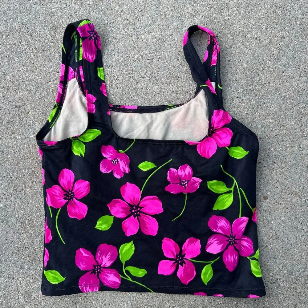 Vintage 90s Catalina Tankini Swim Top Black Purple Floral Tropical SMALL